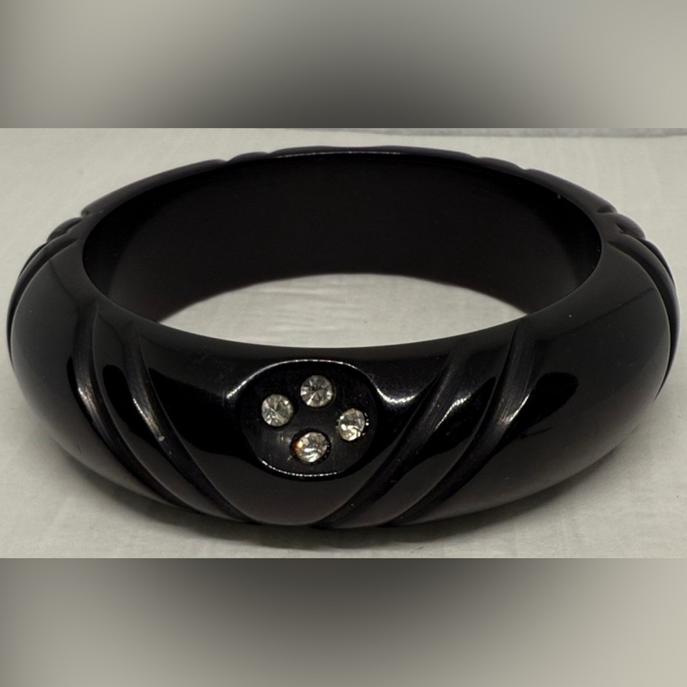 Vintage untested Black Bangle Bracelet Rhinestone Accents art deco excellence ⭐️